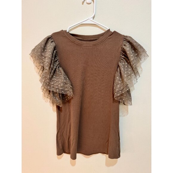 Ribbed Brown Top With Polka Dot Mesh Ruffle Sleeves Short-Sleeve Stretchy Size M - Picture 2 of 6